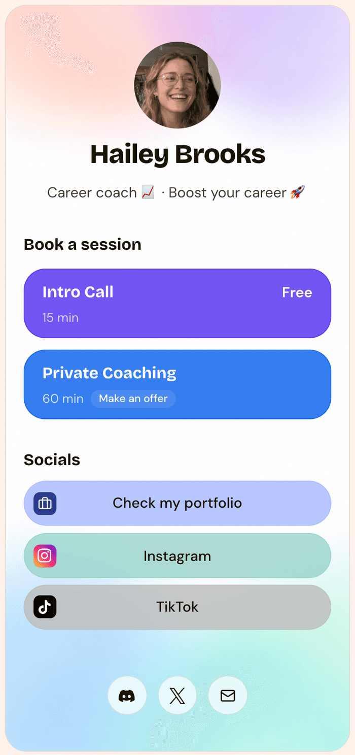 A shinetree page for Hailey Brooks, a career coach: a free Intro Call and a Private Coaching session people can book, with her portfolio, Instagram and TikTok links below.